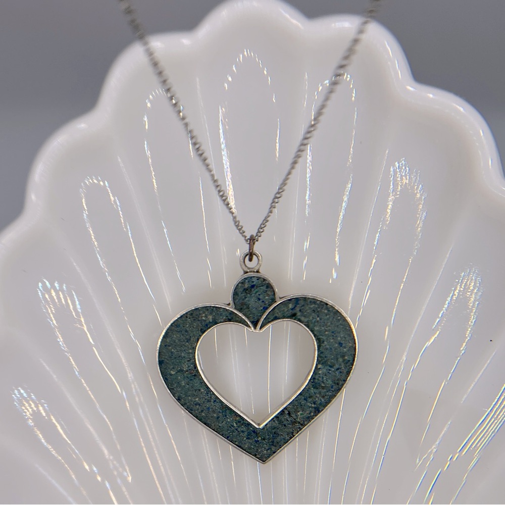 Vintage Mexican sterling silver stone inlay heart cutout pendent charm 2000s y2k